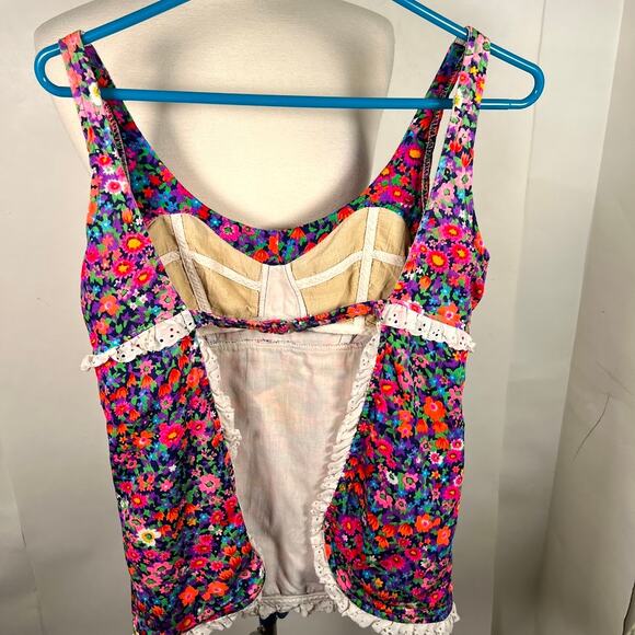 Vtg Women's Floral Tankini Top XS Pink Purple Lace Trim Sleeveless Swim Beach - Picture 8 of 9